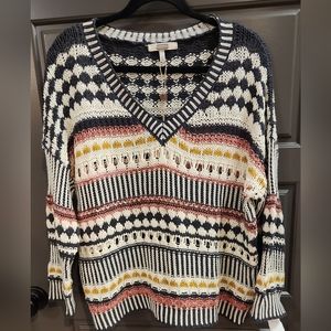 NWT BKE GIMMICKS Textured Mixed Knit Crochet Top Gray Pink Ecru Size L